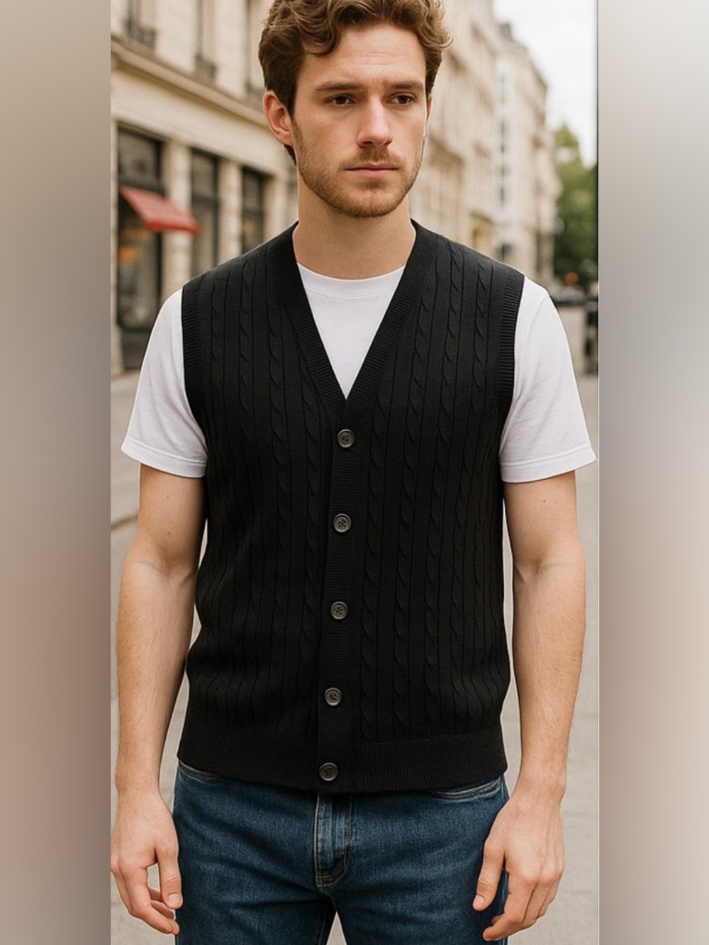 Kallspin Wool Black Button-Front Cable‎ Knit Slim Sweater Vest Size M